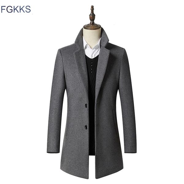 

fgkks men winter wool coat men's autumn solid color simple wool blends woolen pea coat male trench overcoat, Black