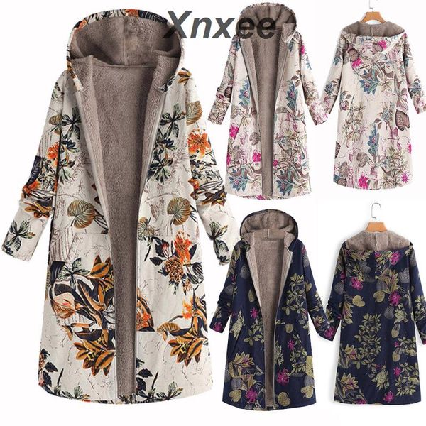 

fashion womens coat winter warm coat women outwear floral print hooded pockets vintage oversize coats womens xnxee, Black