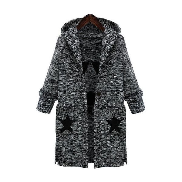 

women plus size cardigan sweaters autumn winter pockets stars printed casual knitted long sweater coats female clothing, White;black