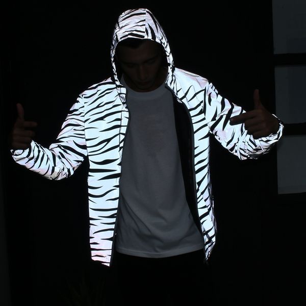 

2019 3m reflective light jacket men mesh style noctilucent zebra jackets hip hop streetwear skateboard waterproof coat outwear, Black;brown