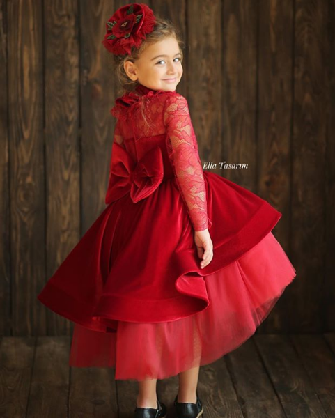 

long sleeve lace flower girls dresses kid red pageant dresses red long sleeve lace dress communication celebration, Red;yellow