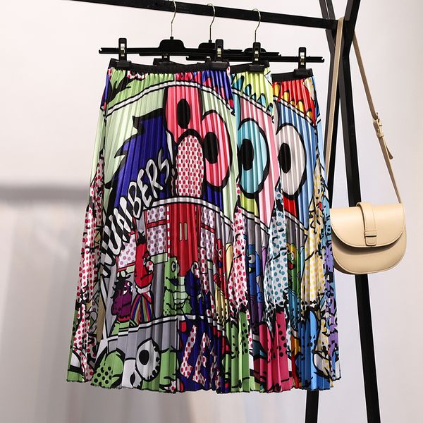 

ewq] 2019 spring animal cartoon print asymmetrical patchwork high waist pleated casual loose skirt women fashion tide ad346, Black