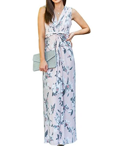 

ivay women's floral maxi dress v neck short sleeve twist knot long dresses, Black;gray