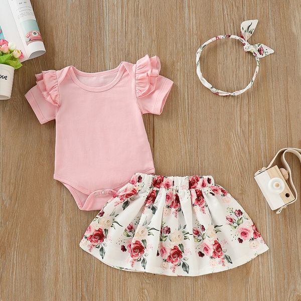 

2pcs/set summer baby girl casual short sleeve romper floral short skirt with headband outfits set p, White
