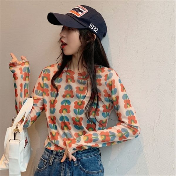 

yafeng t- 2020 summer cloth t-shirt mesh cloth printing long-sleeved mesh fashion all-match bottoming sunscreen shirt inner match, White