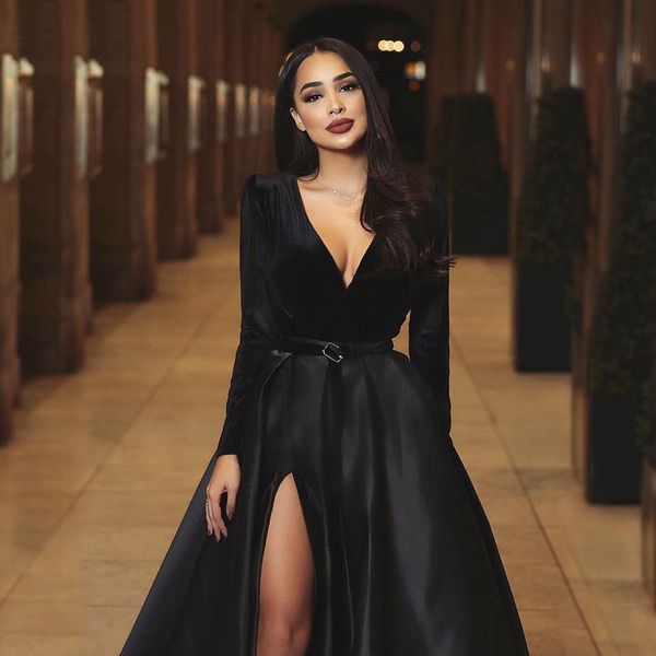 2019 New Black Prom Dresses A Line Floor Length Deep V Neck Long Sleeves High Side Split Formal Evening Party Wear Vestidos De Fiest Prom Dress Hire