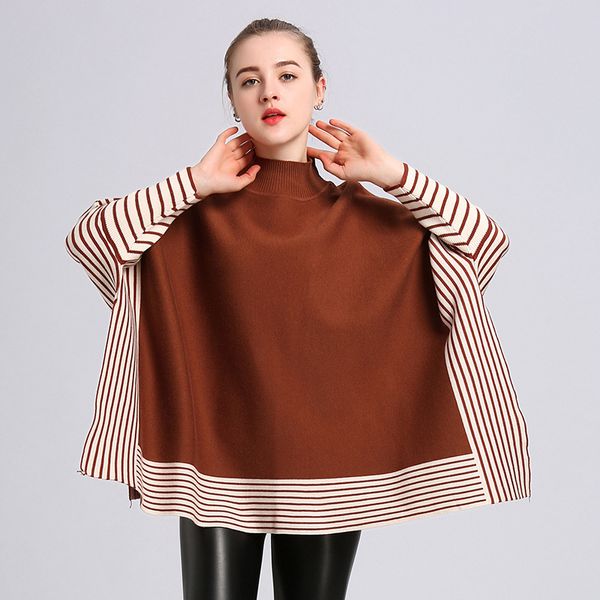 

folobe women ponchos and capes sweaters spring casual pullover shawl female black batwing sleeve stripes loose poncho cloak, White;black