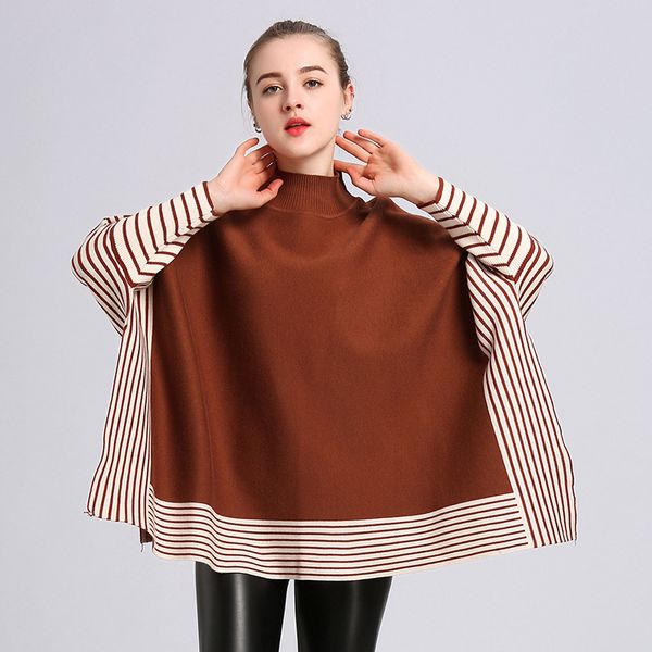 

folobe women ponchos and capes sweaters spring casual pullover shawl female black batwing sleeve stripes loose poncho cloak, White;black