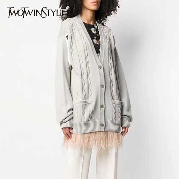 

twotwinstyle knitting patchwork feather women's sweater v neck long sleeve pocket hollow out female cardigan 2019 autumn fashion, White