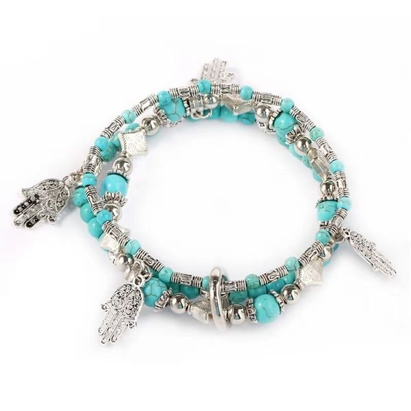 

retro multi layer turquoise beaded bracelets hollow hands pendants strands bracelet women girl handmade beads jewelry ing, Black