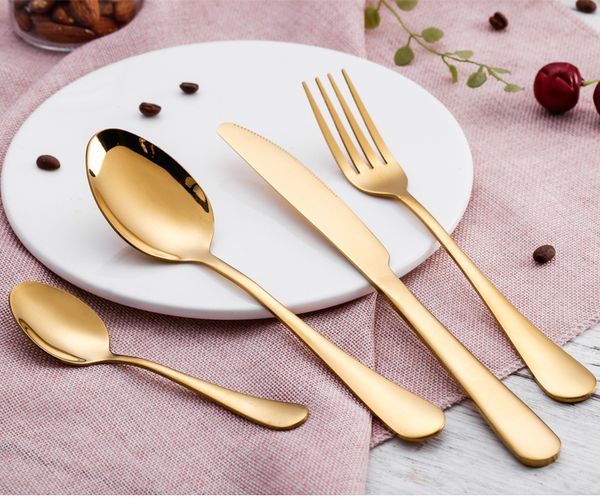 

glossy gold tableware gold cutlery gold flatware knife spoon fork dinnerware stainless steel wedding supplies wholesale tc190401 50pcs