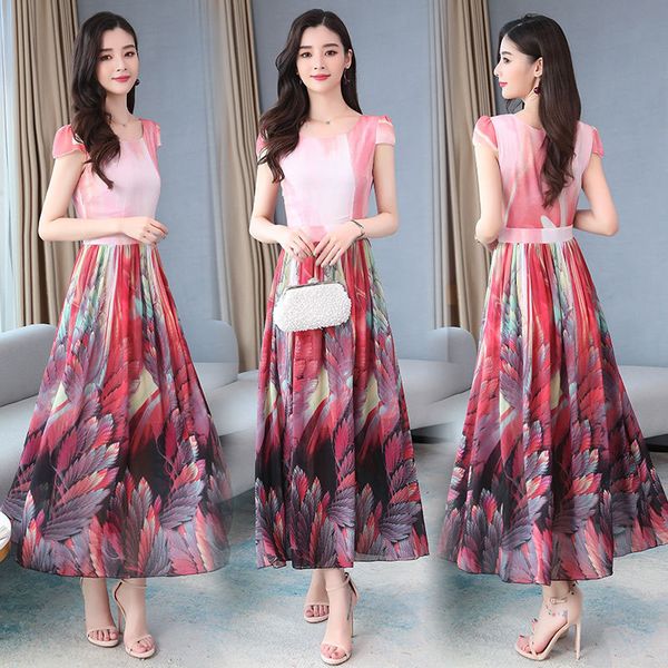 

vestidos 2020 summer new light-colored printed women's long dress temperament was thin long dress waist women jk106, Black;gray