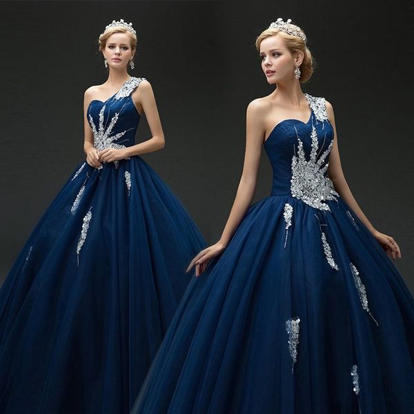 

vintage navy blue one shoulder sequins laceup quinceanera dresses sweet 16 dress vestidos 15 anos with sleeves prom dress, Blue;red