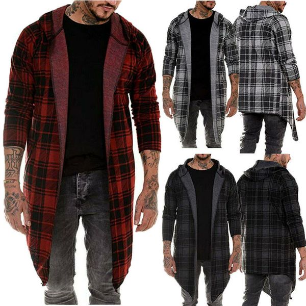 

2019 autumn men long section hoodie warm hooded plaid coat trench male casual outwear overcoat long trenches, Tan;black