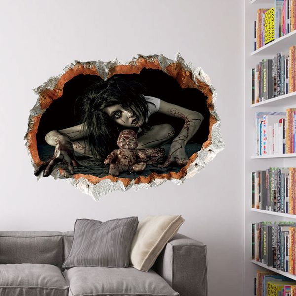 

cool big wall sticker halloween decoration 3d view scary bloody broken ghost sticker home halloween party diy decoration e