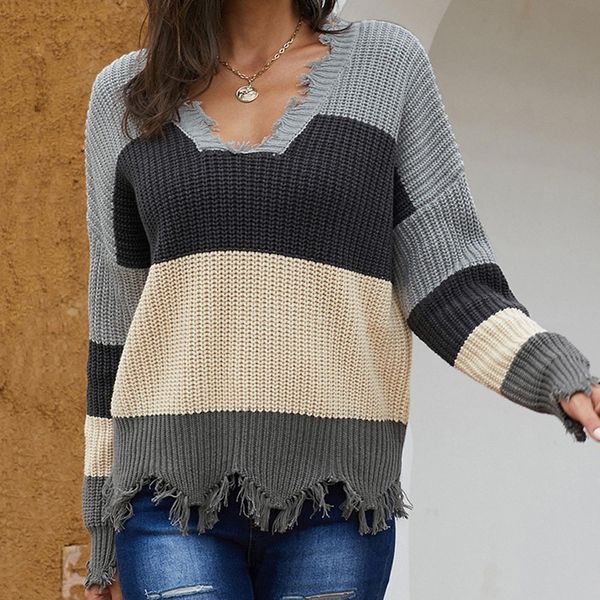 

women chic knitted sweater 2019 new fashion autumn gray color striped patchwork v neck causal loose knitwear pollovers, White;black
