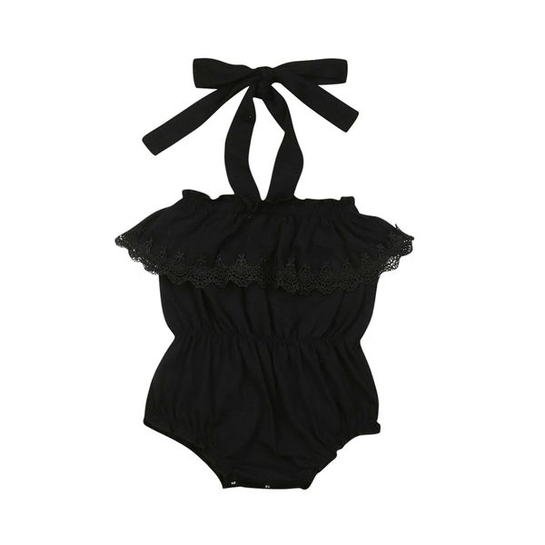 

2019 summer toddler baby girl kid off shoulder lace ruffle neck black bandage halter bodysuit outfit casual clothes, White