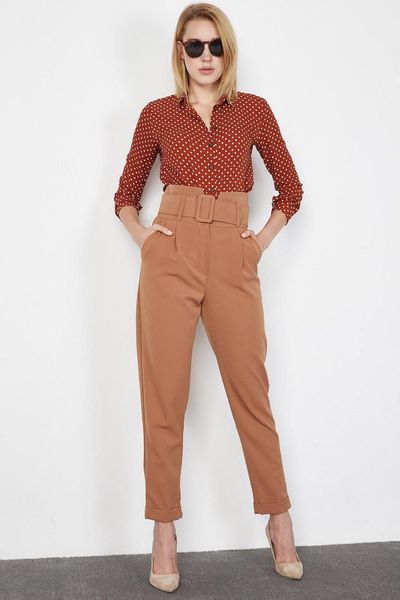 

women's brown arched high bel pants, Black;white