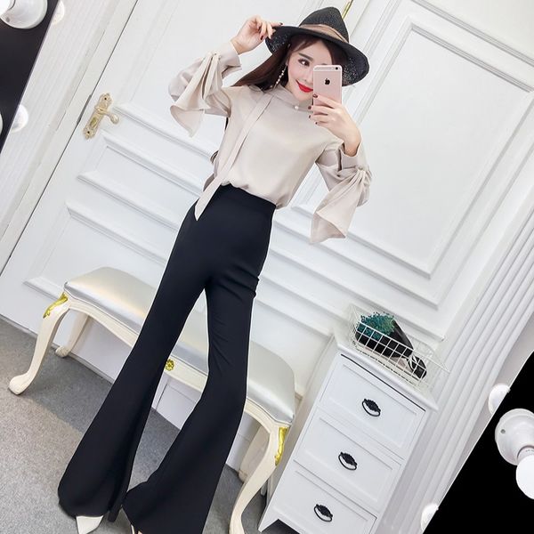 

professional suit womens autumn 2020 new fashion elegant chiffon shirt high waist casual flared pants two-piece set, Black;white
