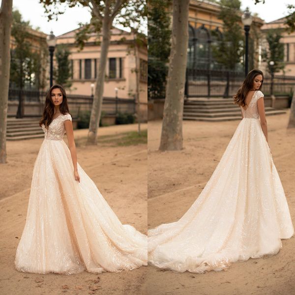 

giovanna alessandro wedding dresses v neck capped sleeves lace sequins bridal gowns backless sweep train wedding dress robe de mariee, White
