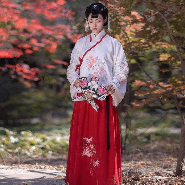 

embroidered ancient hanfu chinese folk dance costume female ming pipa sleeve suit hanfu cosplay costume daily dl5363, Black;red