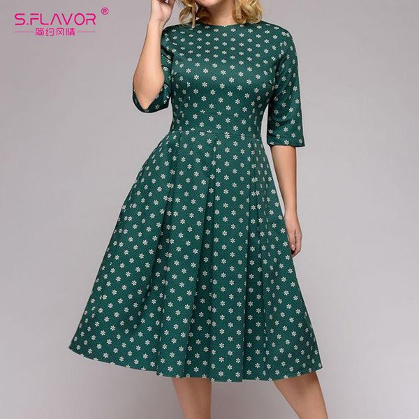 

s.flavor spring floral print dresses women plus size elegant three quarter sleeve a line chic dress o neck elegant vestidos de, Black;gray