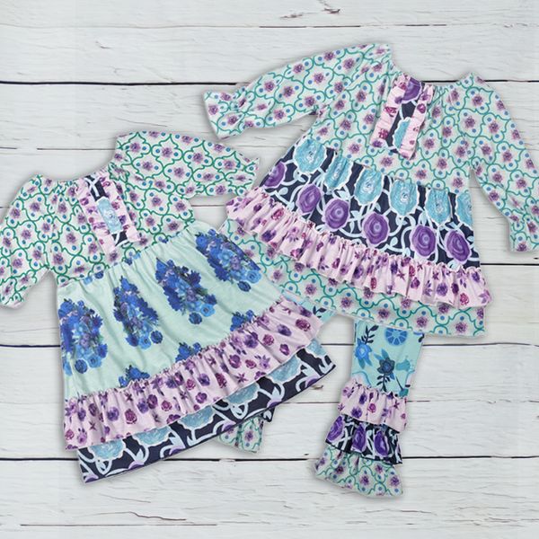 

summer girls clothes floral kids suits purple dress triple ruffle pants 2 pcs boutique baby girls clothing sets match dress, White