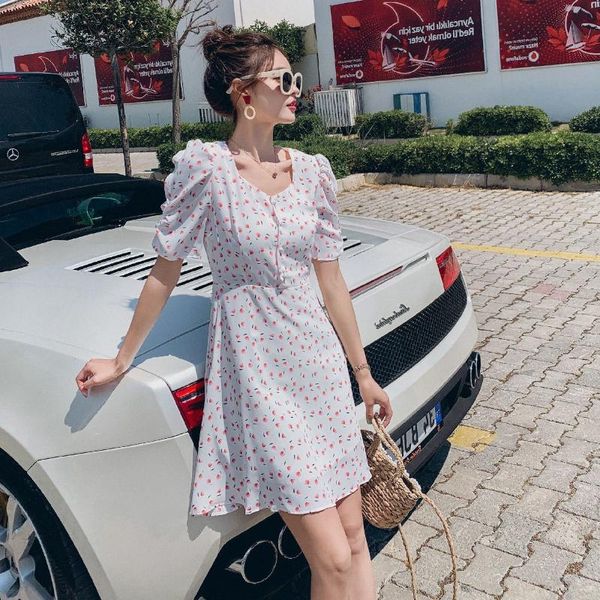 

p shoot chic french non-mainstream square collar floral waist hugging slimming mid-length princess sleeve a- line dress summ, Black;gray
