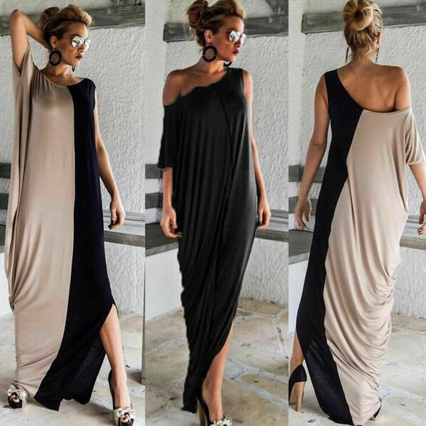

fashion women boho casual one shoulder bodycon dress summer women girl clothes party maxi long dress, Black;gray