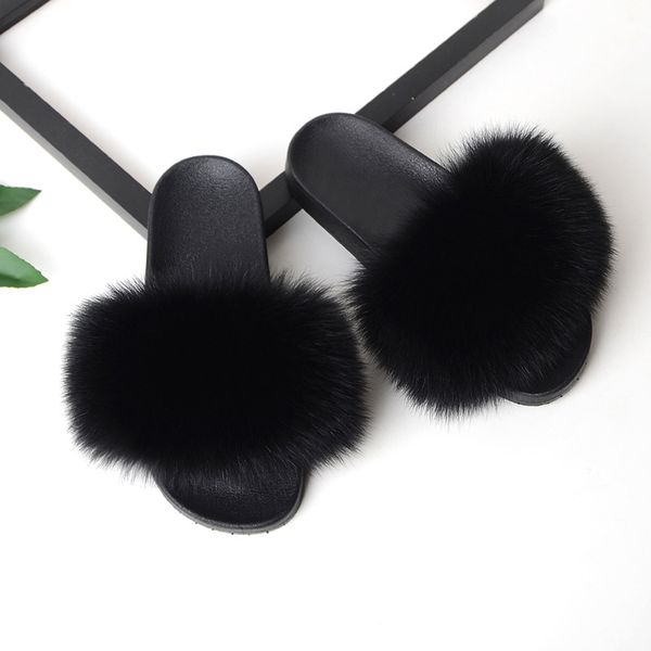 

real hair slippers women fur home fluffy sliders winter plush furry summer flats sweet ladies shoes large size 45 pantufas, Black