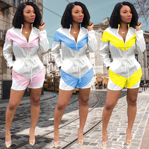 

contrast color patchwork full sleeve stand collar jumpsuits summer streetwear women pockets zip lace up playsuits prfs6139, Black;white