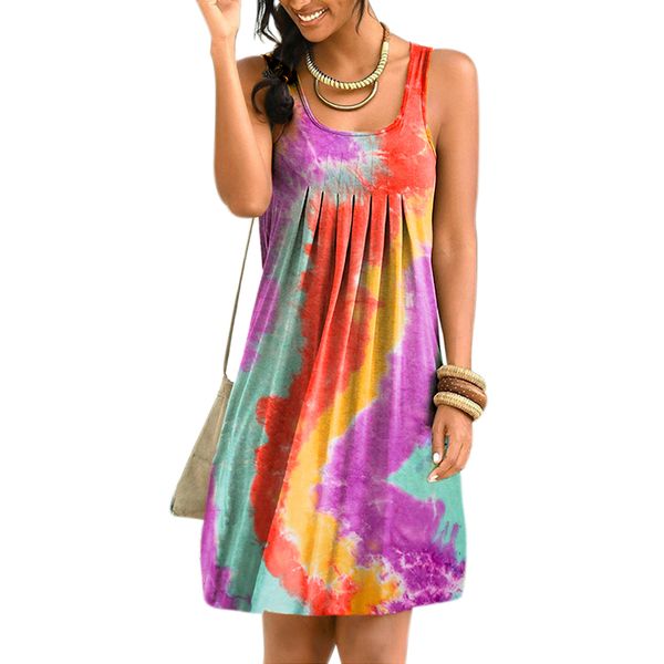 

s-5xl woman dress summer fashion tie-dye printed mini dress beach casual sleeveless dresses women clothes vestidos robe femme, Black;gray