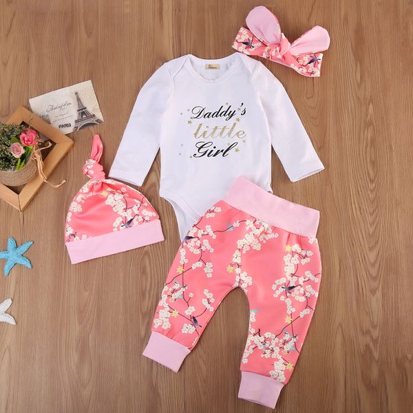 

daddys little girl 4pcs newborn kids baby girls floral romper pants leggings hat outfits clothes set, Pink;blue