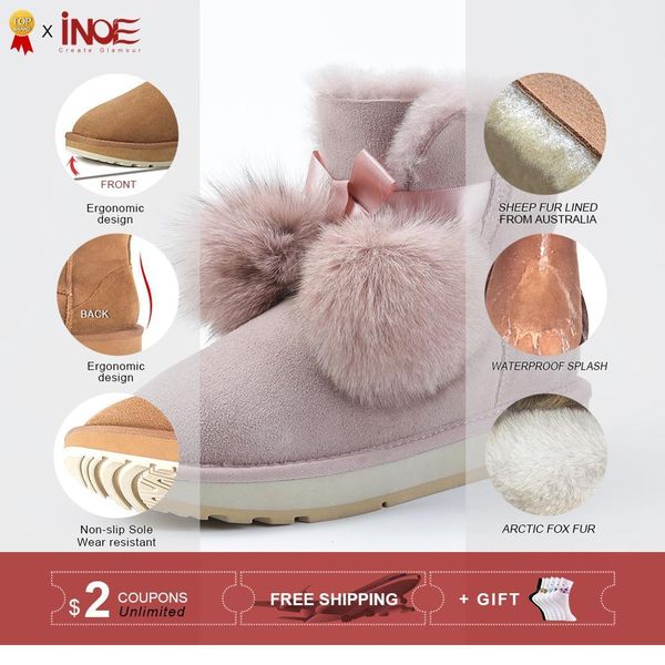 

inoe sheepskin suede leather shearling wool fur lined women short winter pom-pom style ankle snow boots shoes for girls mx200324, Black