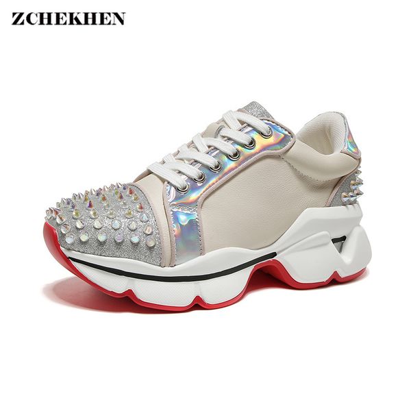 

2019 genuine leather rivet diamond red sneakers women platform white sneakers heel casual flats wedges woman chunky shoes, Black