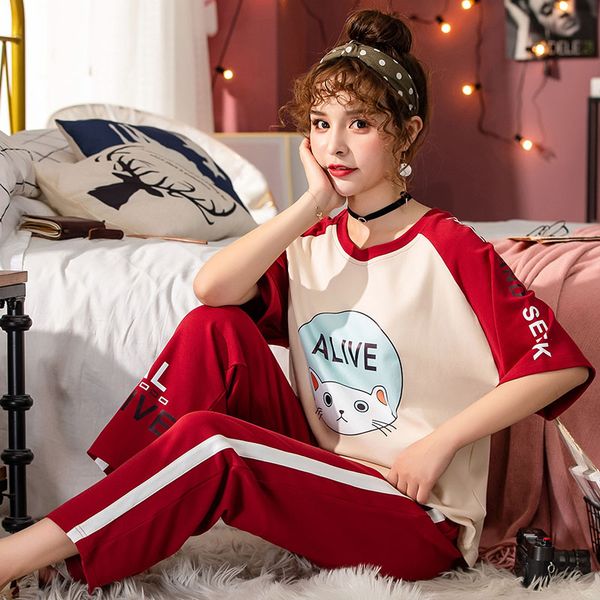 

плюс размер -5xl летние пижамы хлопок домашние брюки женщины пижамы тонкие пижамы женские брюки женские kawaii lady home wear спальня, Black;red