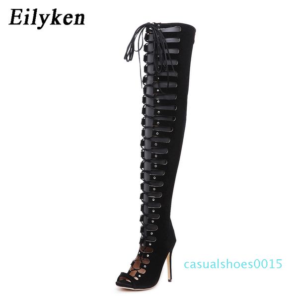 

eilyken party shoes thigh high boots pumps 12cm women summer long boots over the knee gladiator sandal high heel shoes c15, Black