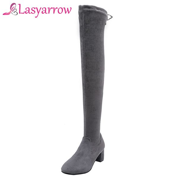 

lasyarrow 2018 flock leather women over the knee boots lace up high heels autumn woman shoes winter women boots size 32-43, Black