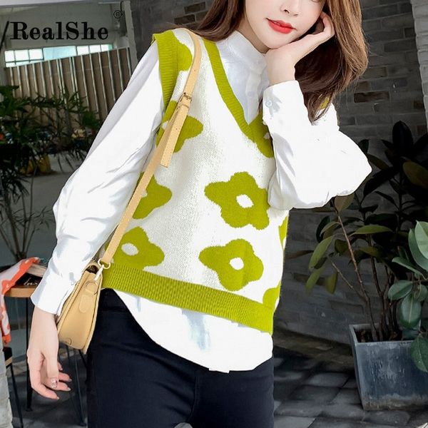 

realshe knit sweater women 2019 v-neck sleeveless print sweaters ladies plus size winter elegant fall sweaters for women vest, White;black