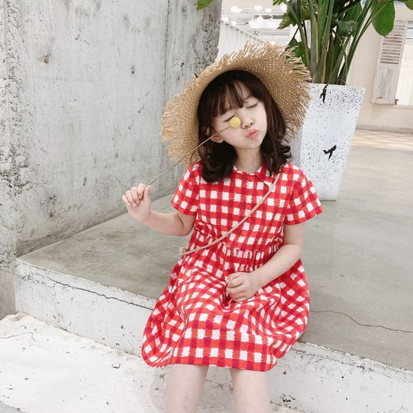 

2020 kids dress for girls spring summer sweet girls clothes red plaid shirt style short sleeve dress cotton soft dress, Red;yellow