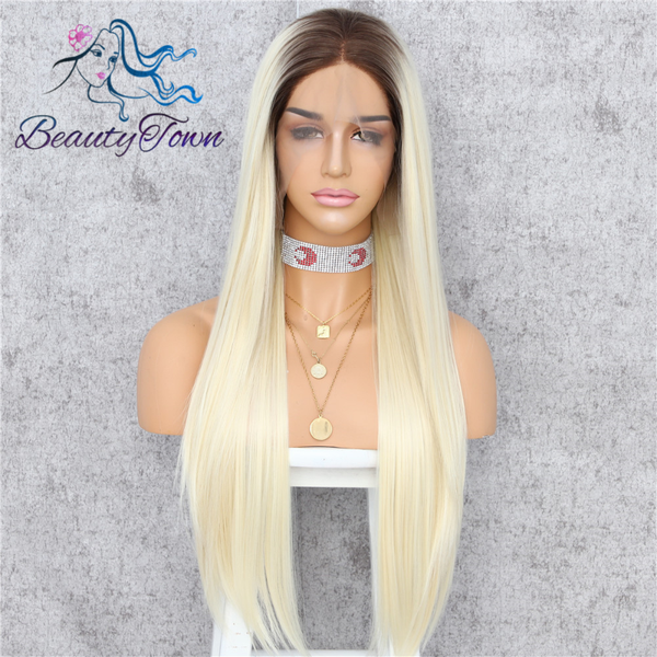 

beautytown brown root ombre blonde high temperature fiber glueless dragqueen daily makeup wedding party synthetic front lace wig, Black