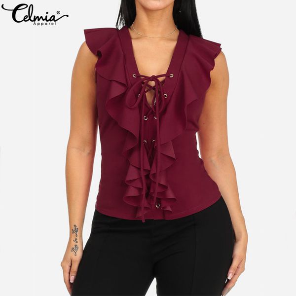

women and blouse celmia 2019 summer v neck lace-up ruffle shirt casual slim solid sleeveless blusas feminina plus size, White