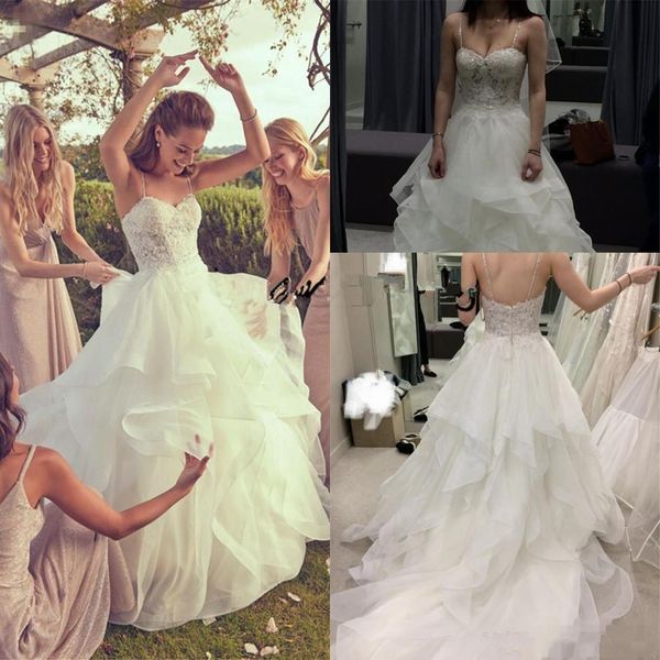 

organza 2019 ruffles wedding dresses spaghetti neck lace appliques beaded arabic bridal gowns 2019 new fashion garden church wedding dress, White