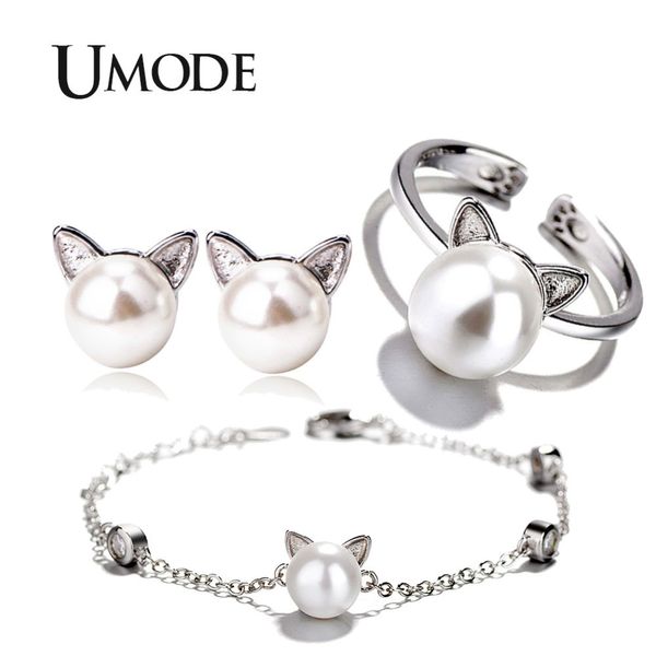 Meninas Umode Crianças Cute Gato Ear Pérola Brincos Brincos Ajustáveis ​​Anéis Corrente Braceletes Jóias Conjunto de Jóias das Mulheres Us0054