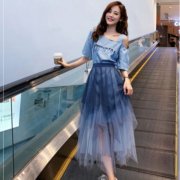 

2020 women two pieces set color blue halter collar and mesh skirt casual for female, White