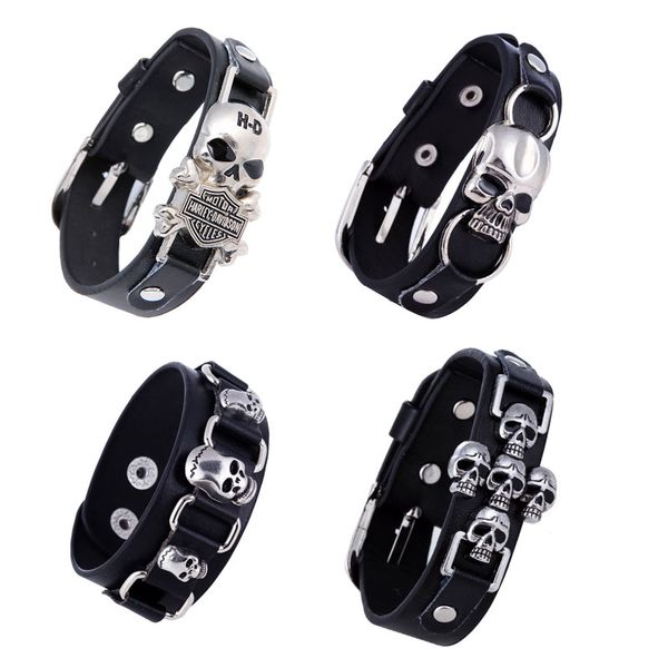 

4 styles mixed new arrival punk skull head charm bracelets real leather men party christmas gifts jewelry ing, Golden;silver