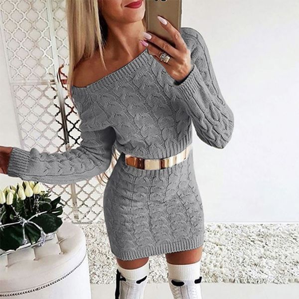 

autumn winter sweater dress women solid long sleeve knitted sweater dress one shoulder slim female mini, Black;gray