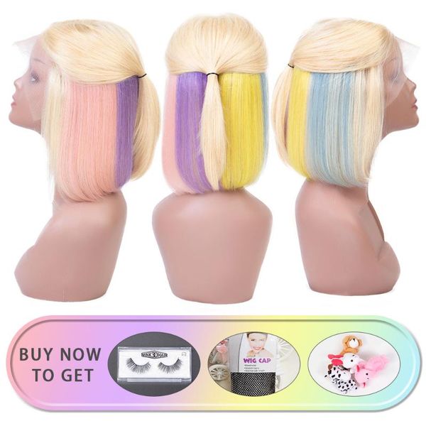 

613 lace front wigs brazilian short straight hair 150% density pre plucked colored 13x4 bob lace front remy human hair wigs, Black;brown