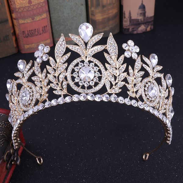 

sweet princess birthday big crown fashion leaf crystal bride crown wedding hair accessories exquisite bridal tiara hairbands, Golden;white
