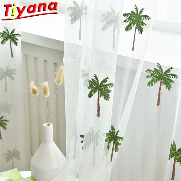 

tropical style coconut tree embroiderytulle curtains for living room leaves white mesh yarn for room decoration x-hm353#30